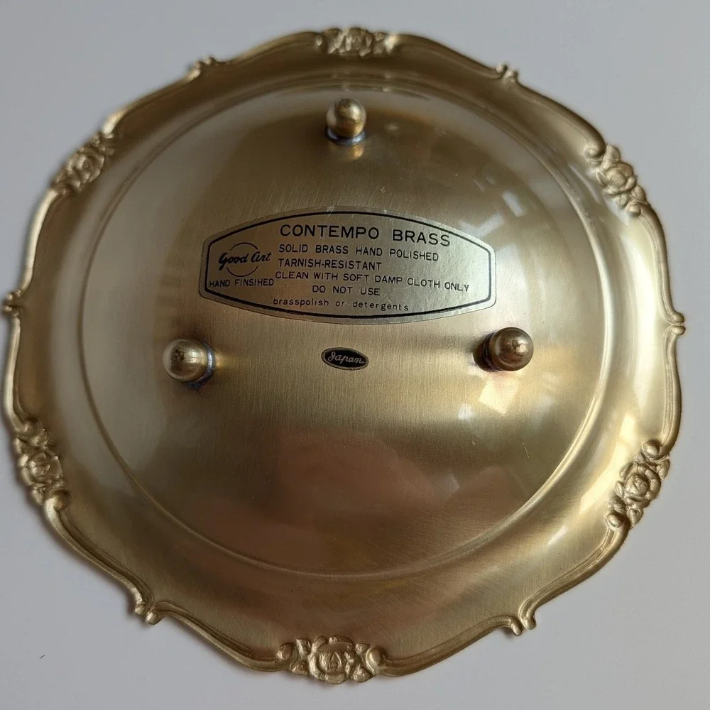 Good‎ Art Contempo Brass Footed Bowl Rose Floral Border Made in Japan VTG
